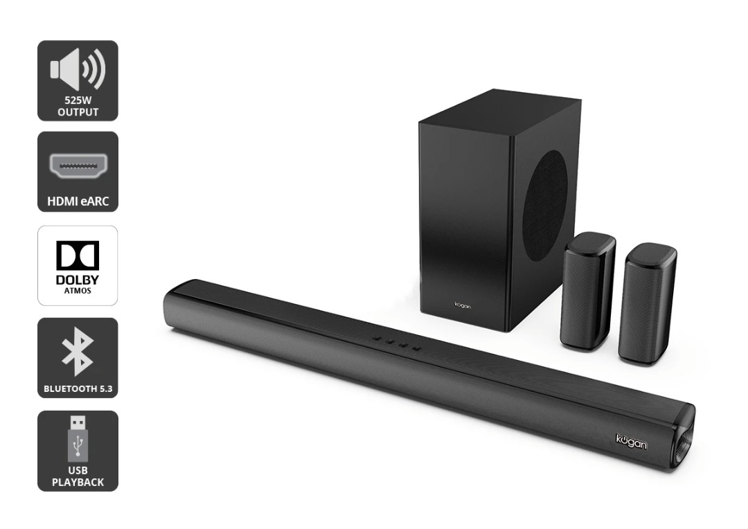 Kogan 7.1.2 Channel 525W Dolby Atmos Soundbar with Subwoofer & Rear Speakers